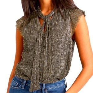 Banana Republic Metallic Tie Neck Pleated Blouse Silver Black Cap Sleeve NWT L